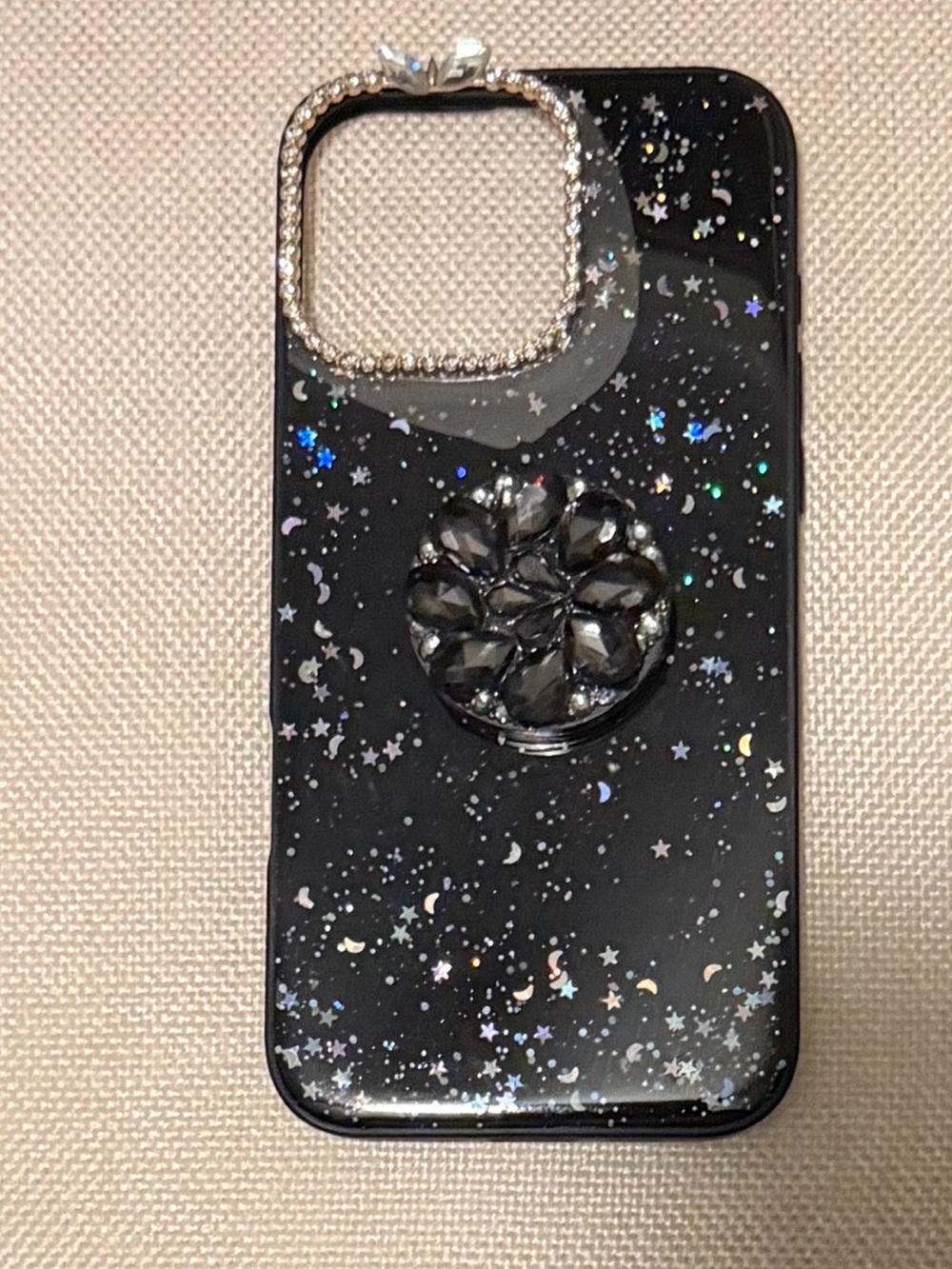 Black Glitter Star Phone Case with Rhinestone Ring